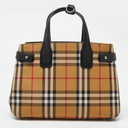 Pre Owned Burberry Beige/Black House Check Fabric and Leather Small Banner Tote