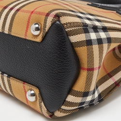 Pre Owned Burberry Beige/Black House Check Fabric and Leather Small Banner Tote