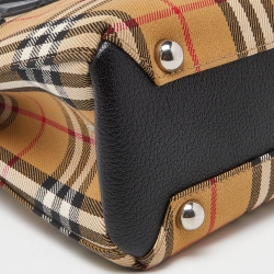 Pre Owned Burberry Beige/Black House Check Fabric and Leather Small Banner Tote