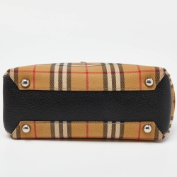 Pre Owned Burberry Beige/Black House Check Fabric and Leather Small Banner Tote