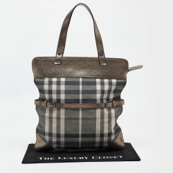 Pre Owned Burberry Metallic House Check Canvas and Leather Flat Tote