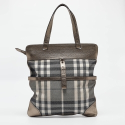 Pre Owned Burberry Metallic House Check Canvas and Leather Flat Tote
