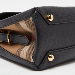 Pre Owned Burberry Black/Beige Leather and House Check Fabric Medium Camberley Top Handle Bag