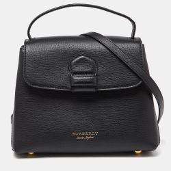 Pre Owned Burberry Black/Beige Leather and House Check Fabric Medium Camberley Top Handle Bag