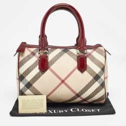 Pre Owned Burberry Beige/Red Nova Check PVC and Patent Leather Chester Boston Bag