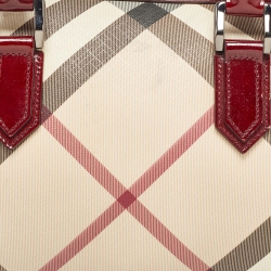 Pre Owned Burberry Beige/Red Nova Check PVC and Patent Leather Chester Boston Bag