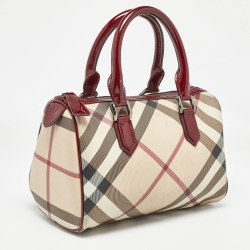 Pre Owned Burberry Beige/Red Nova Check PVC and Patent Leather Chester Boston Bag