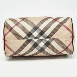 Pre Owned Burberry Beige/Red Nova Check PVC and Patent Leather Chester Boston Bag