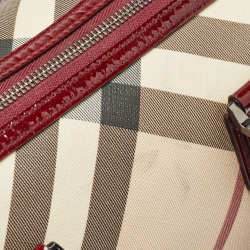 Pre Owned Burberry Beige/Red Nova Check PVC and Patent Leather Chester Boston Bag