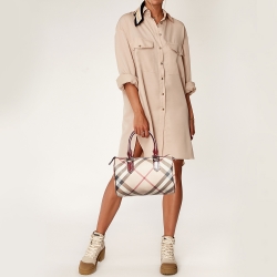 Pre Owned Burberry Beige/Red Nova Check PVC and Patent Leather Chester Boston Bag