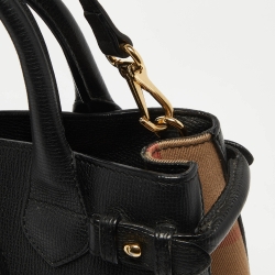 Pre Owned Burberry Black/Beige Leather and House Check Fabric Small Banner Tote