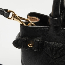 Pre Owned Burberry Black/Beige Leather and House Check Fabric Small Banner Tote