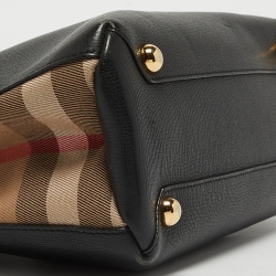 Pre Owned Burberry Black/Beige Leather and House Check Fabric Small Banner Tote