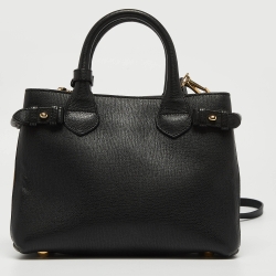 Pre Owned Burberry Black/Beige Leather and House Check Fabric Small Banner Tote