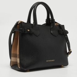 Pre Owned Burberry Black/Beige Leather and House Check Fabric Small Banner Tote