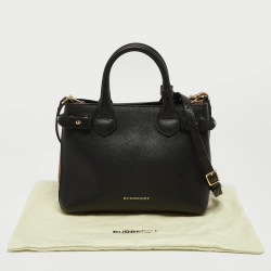 Pre Owned Burberry Black/Beige Leather and House Check Fabric Small Banner Tote