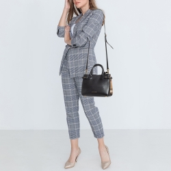 Pre Owned Burberry Black/Beige Leather and House Check Fabric Small Banner Tote