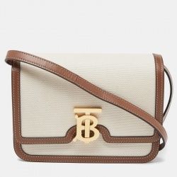 Pre Owned Burberry Beige/Brown Canvas and Leather Small TB Shoulder Bag
