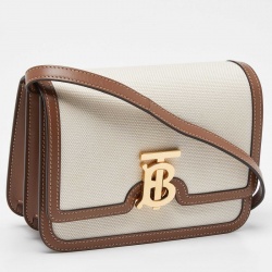 Pre Owned Burberry Beige/Brown Canvas and Leather Small TB Shoulder Bag