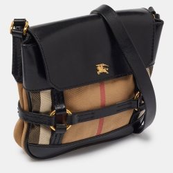 Pre Owned Burberry Beige/Black House Check Fabric and Leather Crossbody Bag
