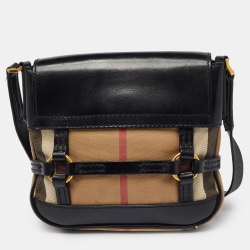 Pre Owned Burberry Beige/Black House Check Fabric and Leather Crossbody Bag