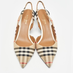 Burberry Beige Vintage Check Fabric Leticia Slingback Pumps Size 40