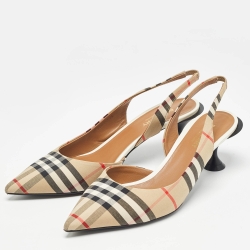Burberry Beige Vintage Check Fabric Leticia Slingback Pumps Size 40