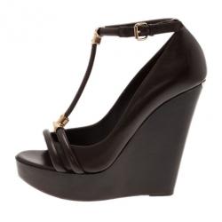 مملوكة مسبقًا Burberry Brown Leather T Strap Wedge Pumps Size 37