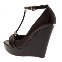 مملوكة مسبقًا Burberry Brown Leather T Strap Wedge Pumps Size 37