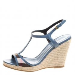 مملوكة مسبقًا Burberry Blue Leather and Novacheck Canvas T Strap Espadrille Wedges Size 39