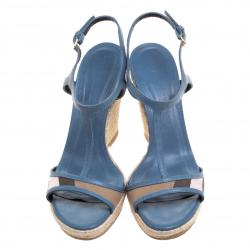 مملوكة مسبقًا Burberry Blue Leather and Novacheck Canvas T Strap Espadrille Wedges Size 39