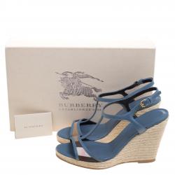 مملوكة مسبقًا Burberry Blue Leather and Novacheck Canvas T Strap Espadrille Wedges Size 39