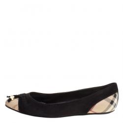 Pre Owned Burberry Black Suede Nova Check Canvas Cap Toe Bow Ballet Flats Size 36