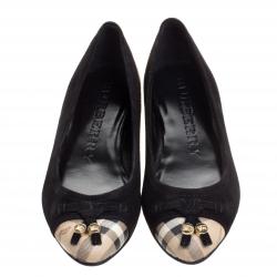 Pre Owned Burberry Black Suede Nova Check Canvas Cap Toe Bow Ballet Flats Size 36