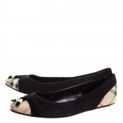 Pre Owned Burberry Black Suede Nova Check Canvas Cap Toe Bow Ballet Flats Size 36