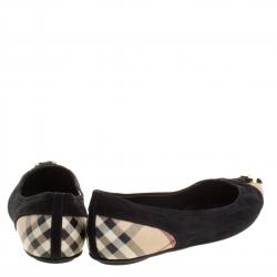 Pre Owned Burberry Black Suede Nova Check Canvas Cap Toe Bow Ballet Flats Size 36
