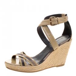 Burberry Beige Leather and Novacheck Canvas Walmer Criss Cross Espadrille Wedge Sandals Size 40