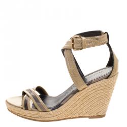 Burberry Beige Leather and Novacheck Canvas Walmer Criss Cross Espadrille Wedge Sandals Size 40