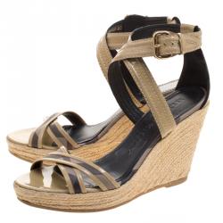 Burberry Beige Leather and Novacheck Canvas Walmer Criss Cross Espadrille Wedge Sandals Size 40