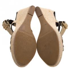 Burberry Beige Leather and Novacheck Canvas Walmer Criss Cross Espadrille Wedge Sandals Size 40
