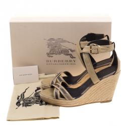Burberry Beige Leather and Novacheck Canvas Walmer Criss Cross Espadrille Wedge Sandals Size 40