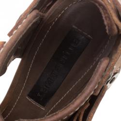 Pre Owned Burberry Russet Brown Leather Cross Strap Platform Sandals Size 36