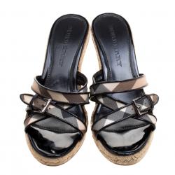 Pre Owned Burberry Black Patent Leather and Nova Check Canvas Espadrille Wedge Sandals Size 37