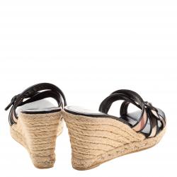 Pre Owned Burberry Black Patent Leather and Nova Check Canvas Espadrille Wedge Sandals Size 37