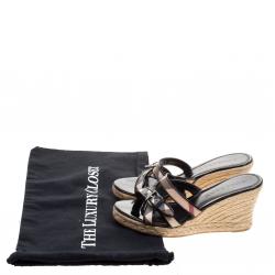 Pre Owned Burberry Black Patent Leather and Nova Check Canvas Espadrille Wedge Sandals Size 37