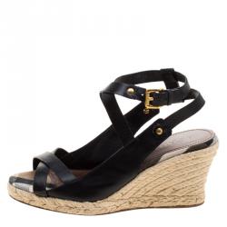 Pre Owned Burberry Black Leather Nova Check Espadrilles Wedge Slingback Sandals Size 39