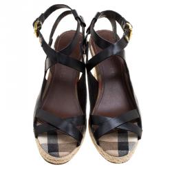 Pre Owned Burberry Black Leather Nova Check Espadrilles Wedge Slingback Sandals Size 39