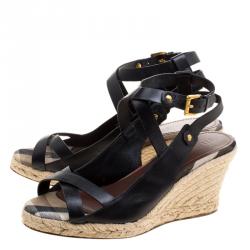 Pre Owned Burberry Black Leather Nova Check Espadrilles Wedge Slingback Sandals Size 39