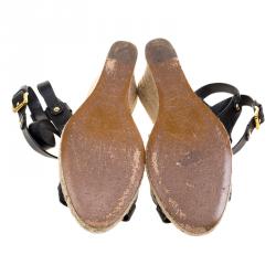 Pre Owned Burberry Black Leather Nova Check Espadrilles Wedge Slingback Sandals Size 39