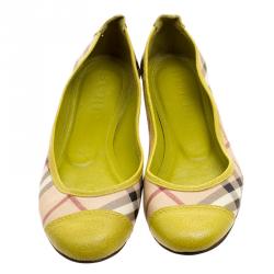 Pre Owned Burberry Yellow Green Haymarket Check PVC and Leather Cap Toe Ballet Flats Size 37